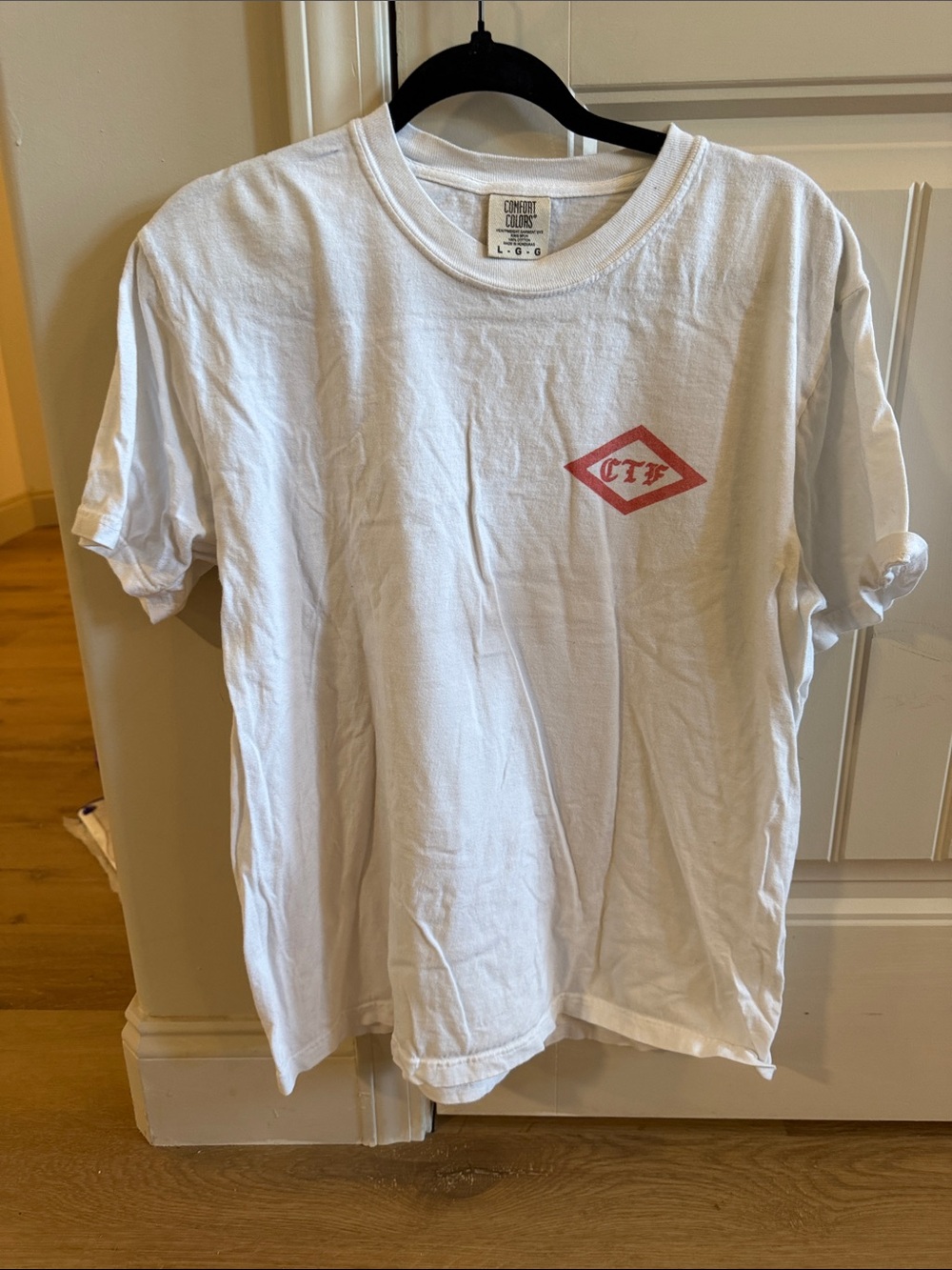 Comfort Colors White Short Sleeve Tee with Small Red Logo